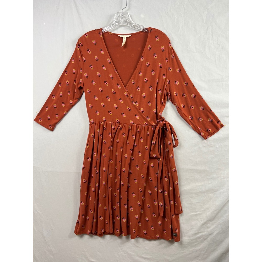 Matilda Jane Wrap Dress Womens Small Rust Orange Floral 3/4 Sleeve V-Neck Knit